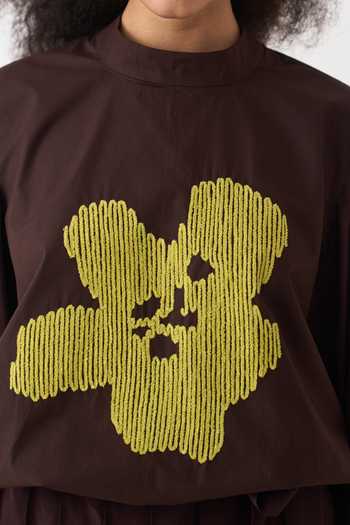 Shop_Three_Yellow Cotton, Silk, Crepe Applique High Neck Floral Top And Overlay Pant Set 