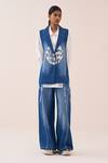 Three_Blue Denim Embroidery Circle Waistcoat _Online_at_Aza_Fashions