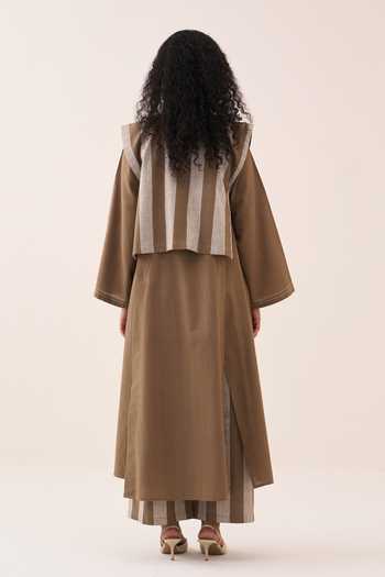 Shop_Three_Beige Embroidery Collared Handwoven Cotton Tunic And Overlay Set _at_Aza_Fashions