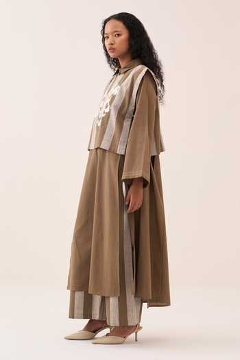 Three_Beige Embroidery Collared Handwoven Cotton Tunic And Overlay Set _Online_at_Aza_Fashions