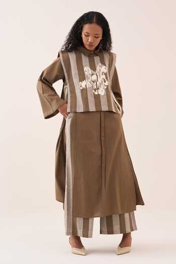 Buy_Three_Beige Embroidery Collared Handwoven Cotton Tunic And Overlay Set _Online_at_Aza_Fashions