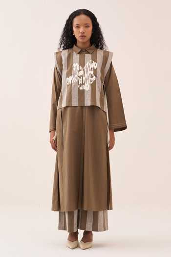 Shop_Three_Beige Embroidery Collared Handwoven Cotton Tunic And Overlay Set _Online_at_Aza_Fashions