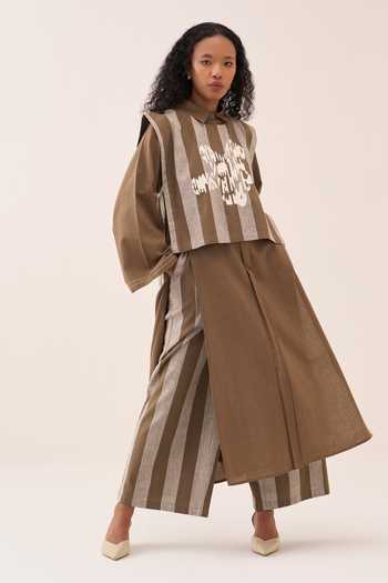Three_Beige Embroidery Collared Handwoven Cotton Tunic And Overlay Set _at_Aza_Fashions