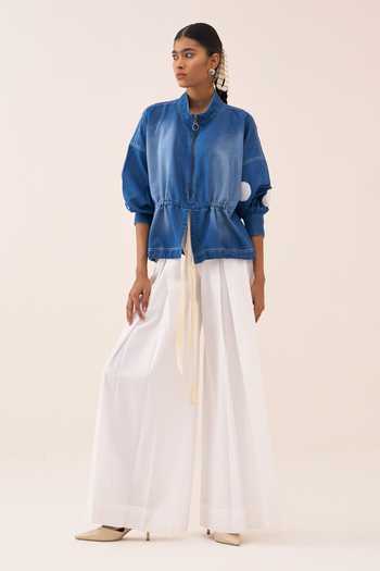 Three_Blue Denim Mandarin Collar Polka Dot Drawstring Top _Online_at_Aza_Fashions