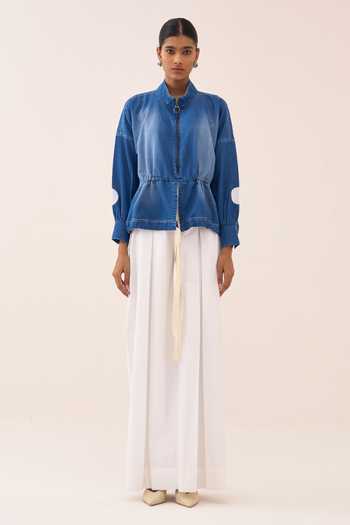 Buy_Three_Blue Denim Mandarin Collar Polka Dot Drawstring Top _Online_at_Aza_Fashions