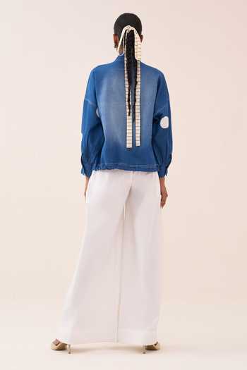 Shop_Three_Blue Denim Mandarin Collar Polka Dot Drawstring Top _at_Aza_Fashions