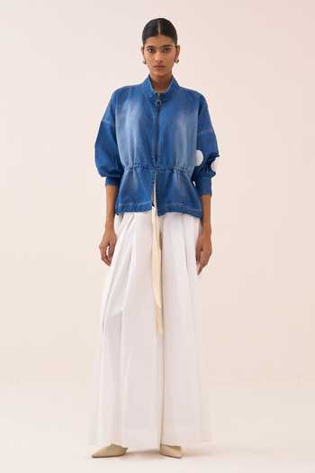 Shop_Three_Blue Denim Mandarin Collar Polka Dot Drawstring Top _Online_at_Aza_Fashions