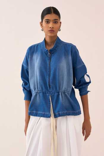 Three_Blue Denim Mandarin Collar Polka Dot Drawstring Top _at_Aza_Fashions