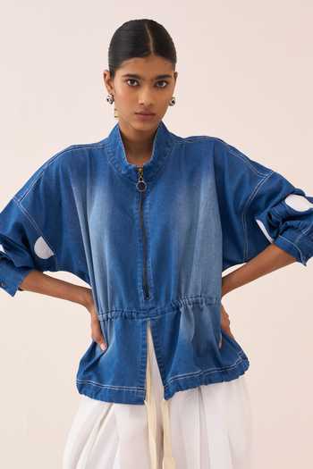 Buy_Three_Blue Denim Mandarin Collar Polka Dot Drawstring Top 
