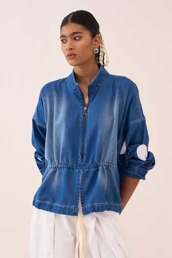 Shop_Three_Blue Denim Mandarin Collar Polka Dot Drawstring Top 