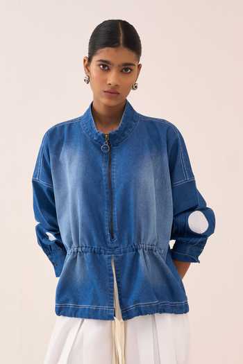 Three_Blue Denim Mandarin Collar Polka Dot Drawstring Top _Online