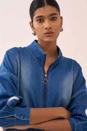 Buy_Three_Blue Denim Mandarin Collar Polka Dot Drawstring Top _Online