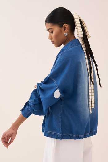 Shop_Three_Blue Denim Mandarin Collar Polka Dot Drawstring Top _Online