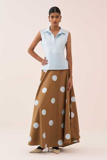 Shop_Three_Blue Cotton, Poplin Polka Dot Skirt _at_Aza_Fashions