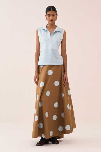 Buy_Three_Blue Cotton, Poplin Polka Dot Skirt _at_Aza_Fashions