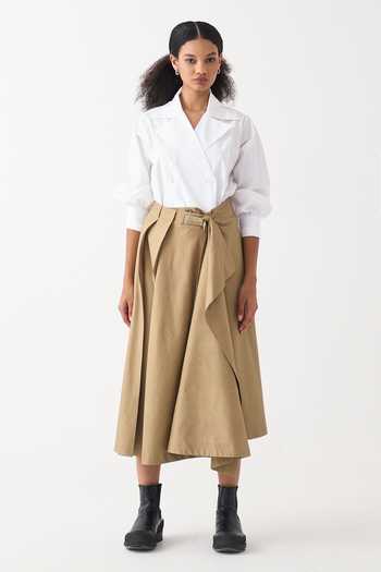 Three_Beige Gabardine Handkerchief Midi Skirt _at_Aza_Fashions