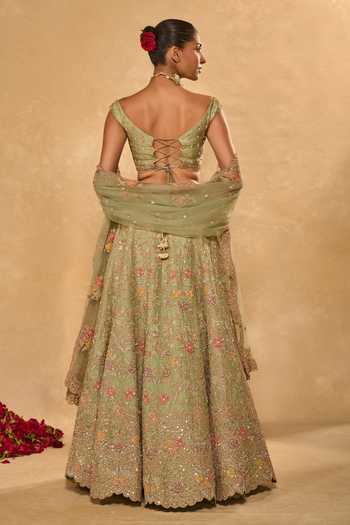 Shop_Chamee & Palak_Green Silk, Organza, Net Embroidery, Sequins, Pearls, Zari Revati Lehenga Set _at_Aza_Fashions
