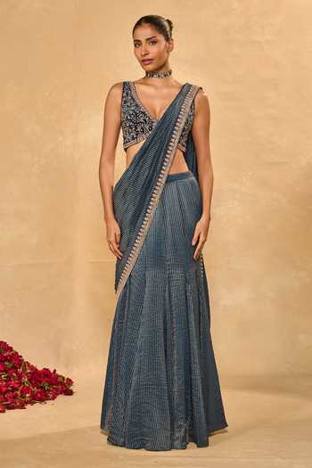 Buy_Chamee & Palak_Blue Tissue, Velvet Beads, Pearls, Kavya Jamewar Pre-draped Saree With Blouse _at_Aza_Fashions