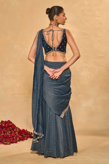 Shop_Chamee & Palak_Blue Tissue, Velvet Beads, Pearls, Kavya Jamewar Pre-draped Saree With Blouse _at_Aza_Fashions
