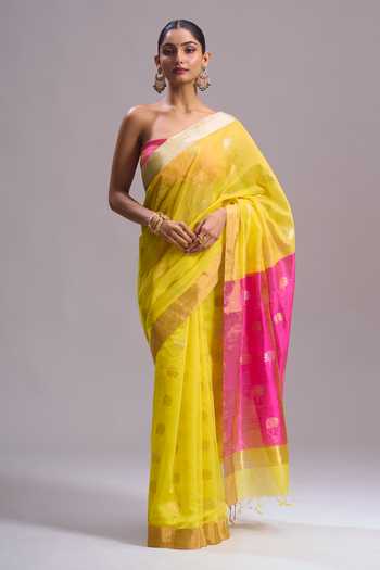 Buy_Mint N Oranges_Pink Chanderi Zari Pure Saree With Unstitched Blouse Piece _at_Aza_Fashions