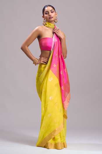 Buy_Mint N Oranges_Pink Chanderi Zari Pure Saree With Unstitched Blouse Piece _Online_at_Aza_Fashions