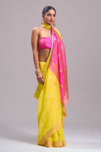 Shop_Mint N Oranges_Pink Chanderi Zari Pure Saree With Unstitched Blouse Piece _Online_at_Aza_Fashions