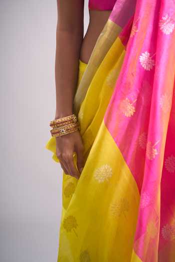 Buy_Mint N Oranges_Pink Chanderi Zari Pure Saree With Unstitched Blouse Piece 