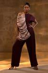 Buy_Eeda_Wine Silk, Tissue Asymmetric Top And Pant Set _at_Aza_Fashions