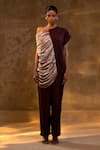 Eeda_Wine Silk, Tissue Asymmetric Top And Pant Set _Online_at_Aza_Fashions