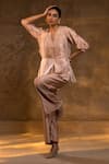 Shop_Eeda_Pink Silk, Tissue Textured Jacket Pant Set _Online_at_Aza_Fashions