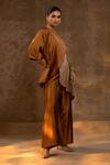Buy_Eeda_Brown Silk, Tissue Asymmetric Kurta And Pant Set _Online_at_Aza_Fashions