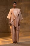 Eeda_Pink Silk, Tissue Textured Asymmetric Top And Pant Set _at_Aza_Fashions