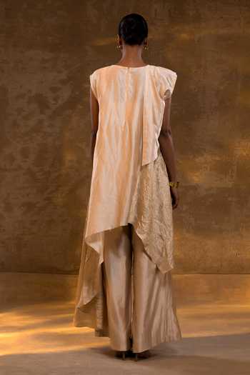 Shop_Eeda_Ivory Silk, Tissue Round Neck Asymmetrical Top And Pant Set _at_Aza_Fashions