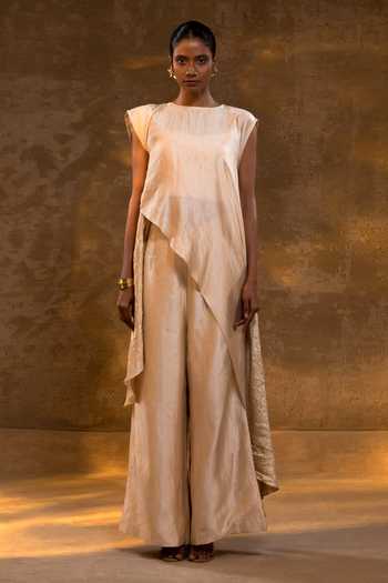 Eeda_Ivory Silk, Tissue Round Neck Asymmetrical Top And Pant Set _Online_at_Aza_Fashions