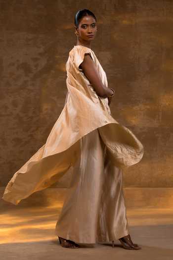 Buy_Eeda_Ivory Silk, Tissue Round Neck Asymmetrical Top And Pant Set _Online_at_Aza_Fashions