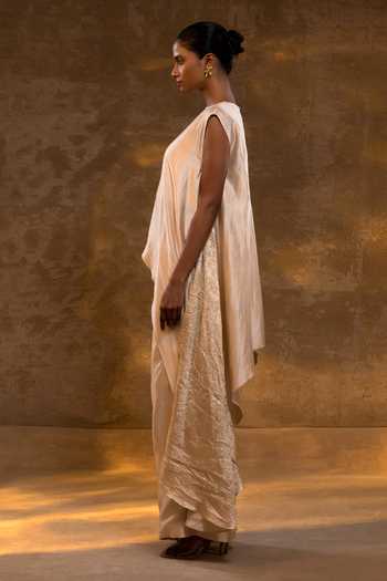Shop_Eeda_Ivory Silk, Tissue Round Neck Asymmetrical Top And Pant Set _Online_at_Aza_Fashions