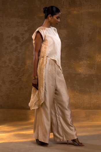 Eeda_Ivory Silk, Tissue Round Neck Asymmetrical Top And Pant Set _at_Aza_Fashions