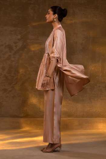 Eeda_Pink Silk, Tissue Mandarin Collar Crushed Chiniya Kurta And Pant Set _Online_at_Aza_Fashions