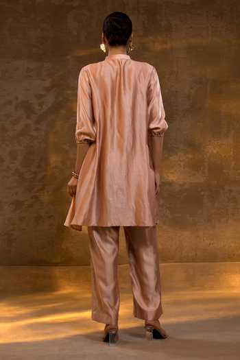 Shop_Eeda_Pink Silk, Tissue Mandarin Collar Crushed Chiniya Kurta And Pant Set _at_Aza_Fashions