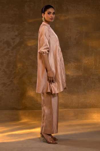 Shop_Eeda_Pink Silk, Tissue Mandarin Collar Crushed Chiniya Kurta And Pant Set _Online_at_Aza_Fashions