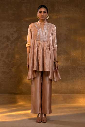 Eeda_Pink Silk, Tissue Mandarin Collar Crushed Chiniya Kurta And Pant Set _at_Aza_Fashions