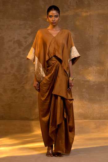 Eeda_Brown Silk, Tissue Zari V-neck Asymmetric Top And Draped Skirt Set _Online_at_Aza_Fashions