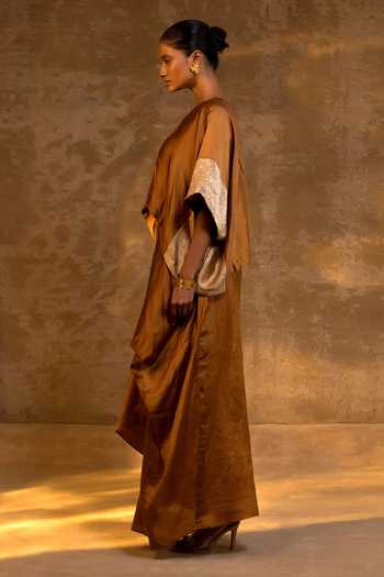 Buy_Eeda_Brown Silk, Tissue Zari V-neck Asymmetric Top And Draped Skirt Set _Online_at_Aza_Fashions