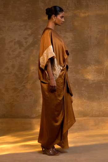 Shop_Eeda_Brown Silk, Tissue Zari V-neck Asymmetric Top And Draped Skirt Set _Online_at_Aza_Fashions