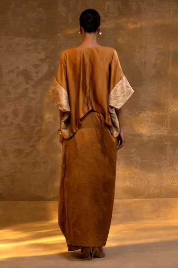 Shop_Eeda_Brown Silk, Tissue Zari V-neck Asymmetric Top And Draped Skirt Set _at_Aza_Fashions
