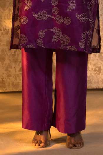 Eeda_Purple Chanderi Zari V-neck Floral Pattern Kurta And Pant Set _Online_at_Aza_Fashions
