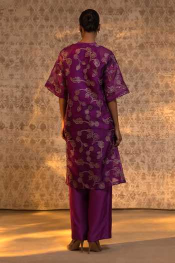 Shop_Eeda_Purple Chanderi Zari V-neck Floral Pattern Kurta And Pant Set _at_Aza_Fashions
