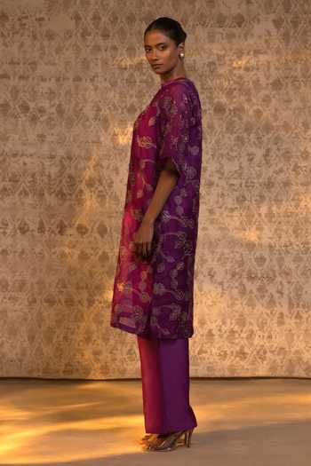 Buy_Eeda_Purple Chanderi Zari V-neck Floral Pattern Kurta And Pant Set _Online_at_Aza_Fashions