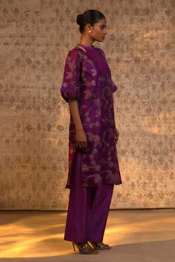 Shop_Eeda_Purple Chanderi Zari V-neck Floral Pattern Kurta And Pant Set _Online_at_Aza_Fashions