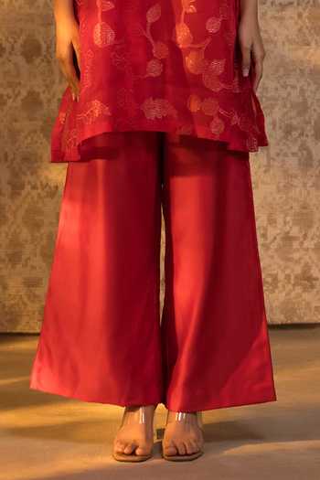 Eeda_Red Silk Organza, Chanderi, Shantoon Zari Split V-neck Kurta And Pant Set _Online_at_Aza_Fashions